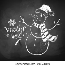 Chalkboard drawing of cute snowman. Vector illustration. Isolated.