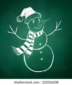 Chalkboard drawing of cute snowman. Vector illustration. Isolated.