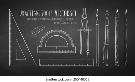 Chalkboard Drawing Of Drafting Tools. Vector Set. Isolated.