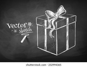 Chalkboard drawing of gift box. Vector illustration. Isolated.