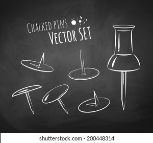 Chalkboard drawing of push pins. Vector set. Isolated.