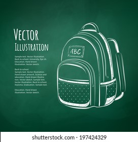 Chalkboard drawing of school bag on green background. Vector illustration.