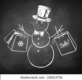 Chalkboard drawing snowman and shopping bags  Vector illsutration  Isolated 