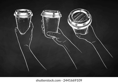 Chalkboard drawing vector sketchy illustration set of hands holding disposable paper coffee takeaway cup