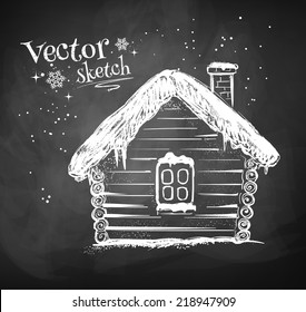 Chalkboard drawing of winter house. Vector illustration.