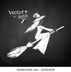 Chalkboard drawing of witch. Vector illustration.