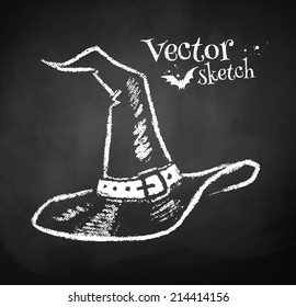 Chalkboard drawing of witches hat. Vector illustration.