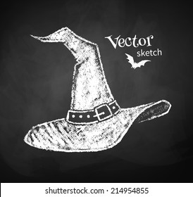 Chalkboard drawing of witches hat. Vector illustration.