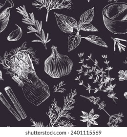 Chalkboard drawings of herbs and spices, seamless pattern template