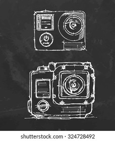 Chalkboard drawn action camera in water protect case. Vector illustration