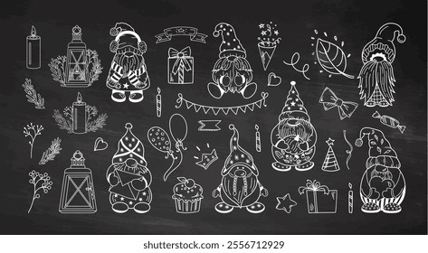 Chalkboard dwarf illustration set of whimsical hand-drawn elements