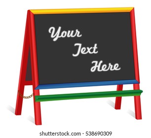 Chalkboard Easel, wide multi color wood frame blackboard sign, copy space to customize with your text for business or school. EPS8 compatible.
