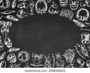 Chalkboard Easter frame with hand drawn vintage holiday elements

