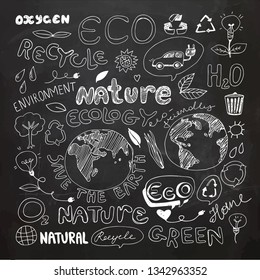 Chalkboard Eco Recycle Reuse Ecology Nature Doodle. Icons Sketch. Hand Drawn Design Vector. Freehand Drawing.

