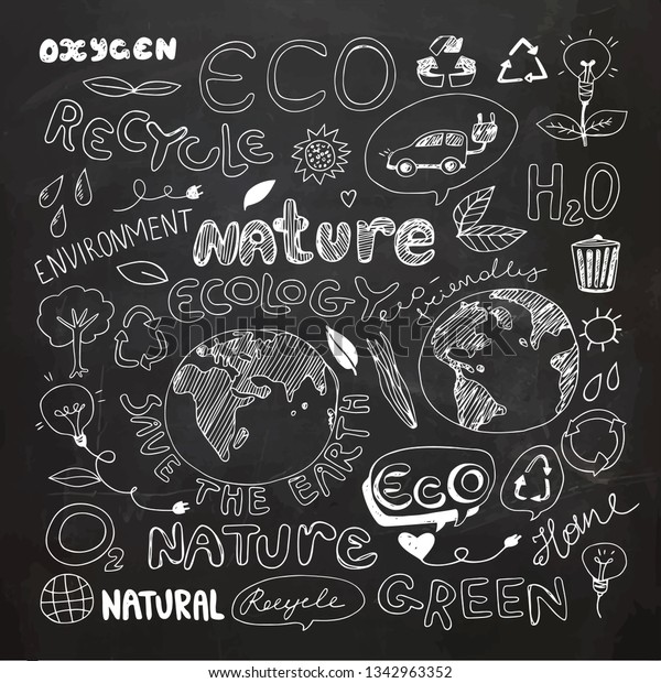 黒板のエコリサイクルはエコロジーの自然落書きを再利用する アイコンスケッチ 手描きのデザインベクター画像 フリー ハンド図面 のベクター画像素材 ロイヤリティフリー