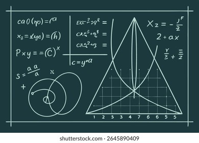 Equações de quadro-negro e formas geométricas, conceitos matemáticos sobre fundo verde 