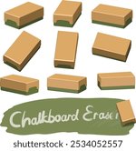 A chalkboard eraser displayed in different angles and isolated on a white background. It is also known as a blackboard eraser.
