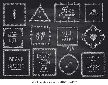 Chalkboard fashion hand drawn frames and philosophy quote phrases mega set in boho style, hippie, indie style, wild and happy concept