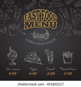 Chalkboard fast food menu in hand drawn style vector illustration. Menu design for cafe, vintage menu banner