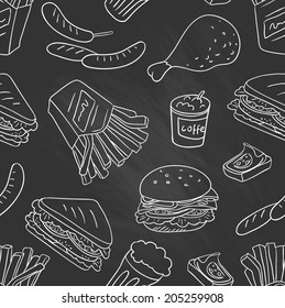 Chalkboard - Fastfood delicious hand drawn vector seamless pattern with burger, hot dog and french fries