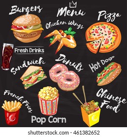 Chalkboard Fastfood Restaurant Menu - Hamburger, French Fries, Hotdog, Chicken Wings, Donuts, Pizza, Pop Corn, Chinese Food And Sandwich. Vector Illustration