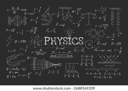 Chalkboard filled with various handdrawn physics formulas. Includes diagrams and symbols illustrating scientific concepts. Ideal for educational content.