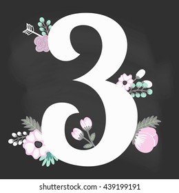 Chalkboard Floral Vector hand drawn number 3 for backgrounds, invitations, cards, webs graphics, blogs, banners, flyers, posters, booklets, kids and weddings