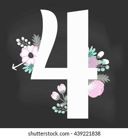 Chalkboard Floral Vector hand drawn number 4 for backgrounds, invitations, cards, webs graphics, blogs, banners, flyers, posters, booklets, kids and weddings
