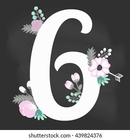 Chalkboard Floral Vector hand drawn number 6 for backgrounds, invitations, cards, webs graphics, blogs, banners, flyers, posters, booklets, kids and weddings