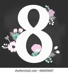 Chalkboard Floral Vector hand drawn number 8 for backgrounds, invitations, cards, webs graphics, blogs, banners, flyers, posters, booklets, kids and weddings
