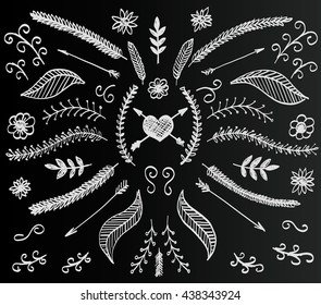 Chalkboard flower set, Hand Drawn vintage floral elements. Arrows icons and decorative elements, template design element, Vector illustration