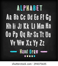 Chalkboard font. Hand draw alphabet. Vector illustration on black texture background.