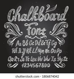 Chalkboard font. Typography alphabet with illustrations. Handwritten blackboard script for party celebration and crafty design. Vector with hand-drawn lettering.