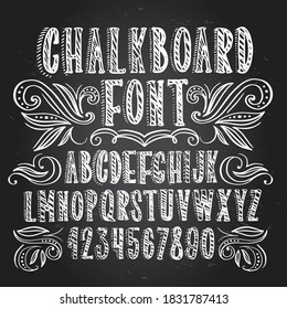 Chalkboard Font. Typography Alphabet With Illustrations. Handwritten Blackboard Script For Party Celebration And Crafty Design. Vector With Hand-drawn Lettering.