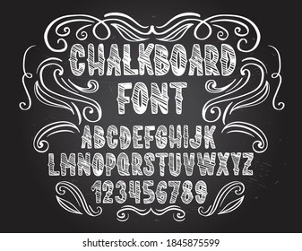 Chalkboard font. Typography alphabet with illustrations. Handwritten blackboard script for party celebration and crafty design. Vector with hand-drawn lettering.