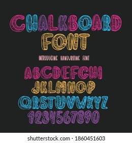 Chalkboard font. Typography alphabet with illustrations. Handwritten blackboard script for party celebration and crafty design. Vector with hand-drawn lettering.