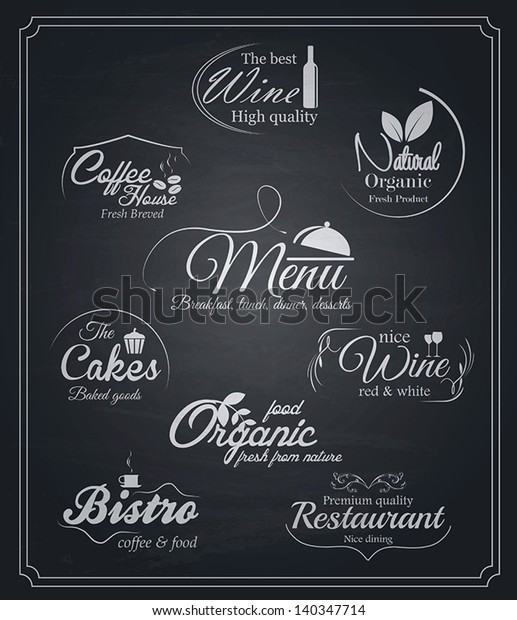 Chalkboard food and drinks\
labels. Vector