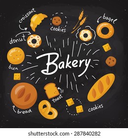 Chalkboard food poster. Bakery poster in flat style. Food poster. Food infographic. Black board food poster with chalk written texts. Hand drawn calligraphy. 