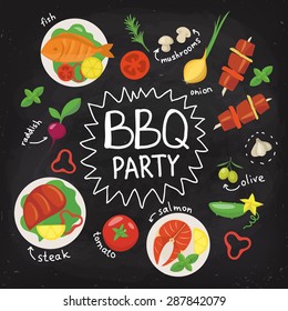 Chalkboard food poster. BBQ party poster in flat style. Food poster. Food infographic. Black board food poster with chalk written texts. Hand drawn calligraphy. 