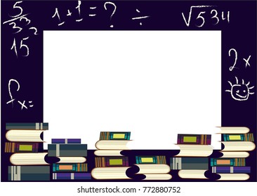 Chalkboard frame with stacks of books and chalk doodles