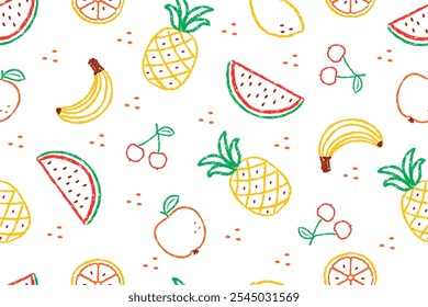 Chalkboard fruit pattern. Seamless texture in doodle style with pineapple, watermelon, banana and lemon with cherry.