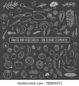 Chalkboard Fruits and Vegetables - Set of 100 hand drawn clipart fruits and vegetables