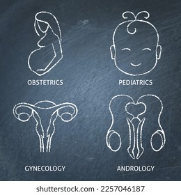 Chalkboard gender and pregnancy icon set. Medical symbols collection. Vector illustration.