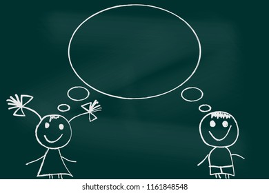 Chalkboard girl and boy sketch. Vector illustration.