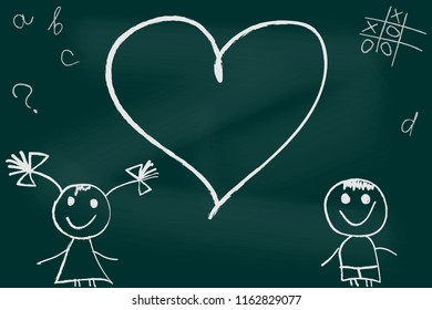 Chalkboard girl and boy sketch. Vector illustration.