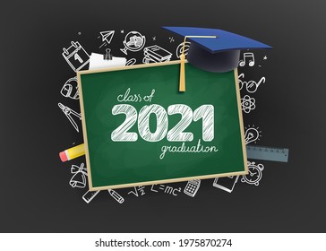 Chalkboard with graduation cap. Banner with copy space