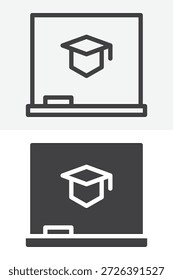 Chalkboard with graduation cap different style icon set. Line, outline and solid icon versions. Editable stroke vector sign and symbol for education. School icon.