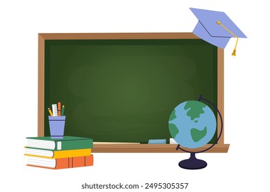 Chalkboard with graduation cap, globe, and books. Green school chalkboard. Back to school, college study, education, academic item concept. Vector illustration isolated on transparent bg