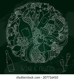 Chalkboard graphic hand drawn abstract wine, flower, heart and fruit set for birthday, wedding, anniversary, love design. Different kinds of wine bottles without labels.