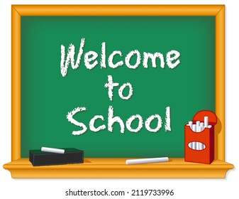 Chalkboard, green, wood frame with shelf, box of white chalk, eraser, Welcome to School text for preschool, nursery, daycare, kindergarten, elementary, middle school, junior high.  Isolated on white.
